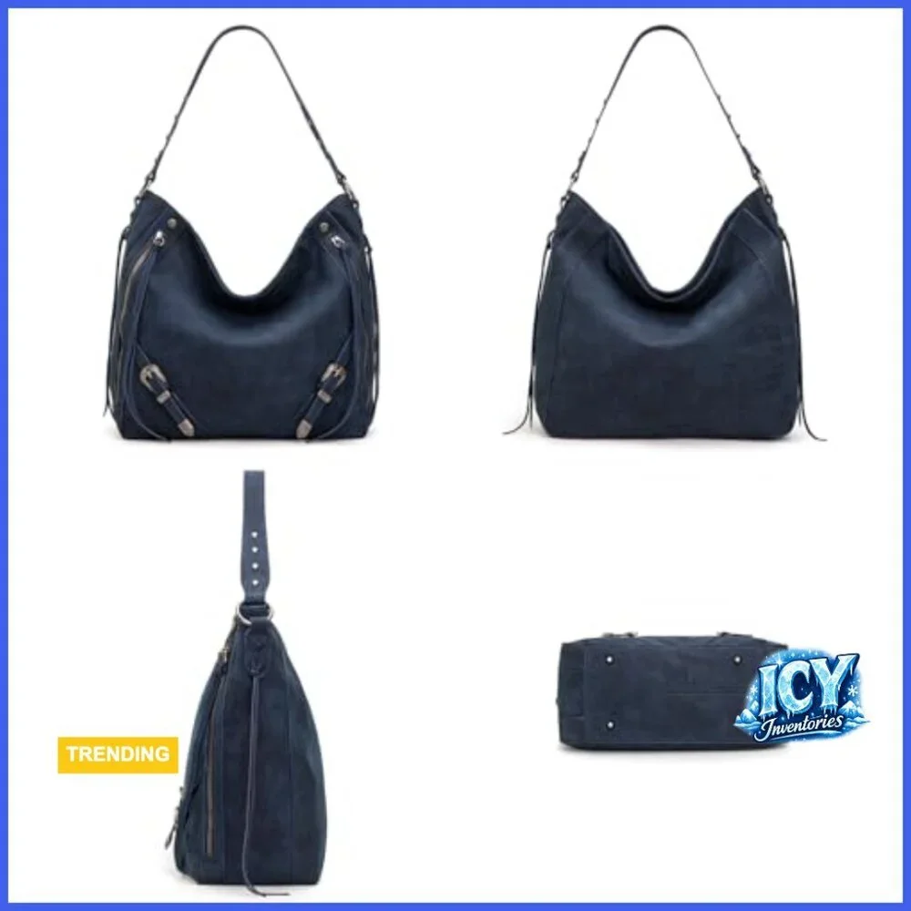 Large Faux Suede Hobo Bag with Fringe and Buckle Shoulder Purse